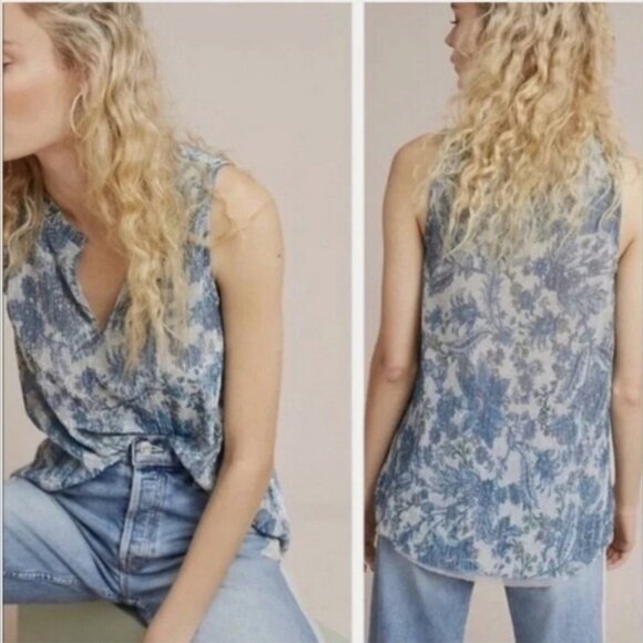 Anthropologie Vanessa Virginia Floral Tank Top Metallic Blue Womens Size XL - Picture 2 of 10